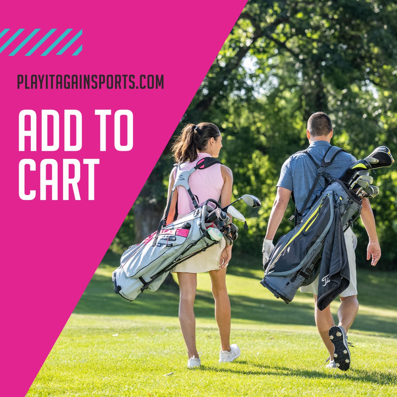 Man and Woman golfers walking on a golf course